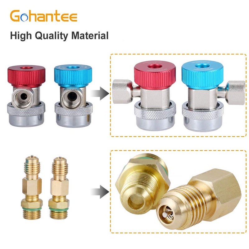 gohantee موصلات محول R134A، موصل سريع قابل للتعديل R134a عالي ومنخفض، مجموعة تحويل خرطوم مقياس مانيفولد تكييف الهواء، 1/4 SAE HVAC مع محول نحاسي 1/4'' أنثوي و 1/2 ذكر - Image 5